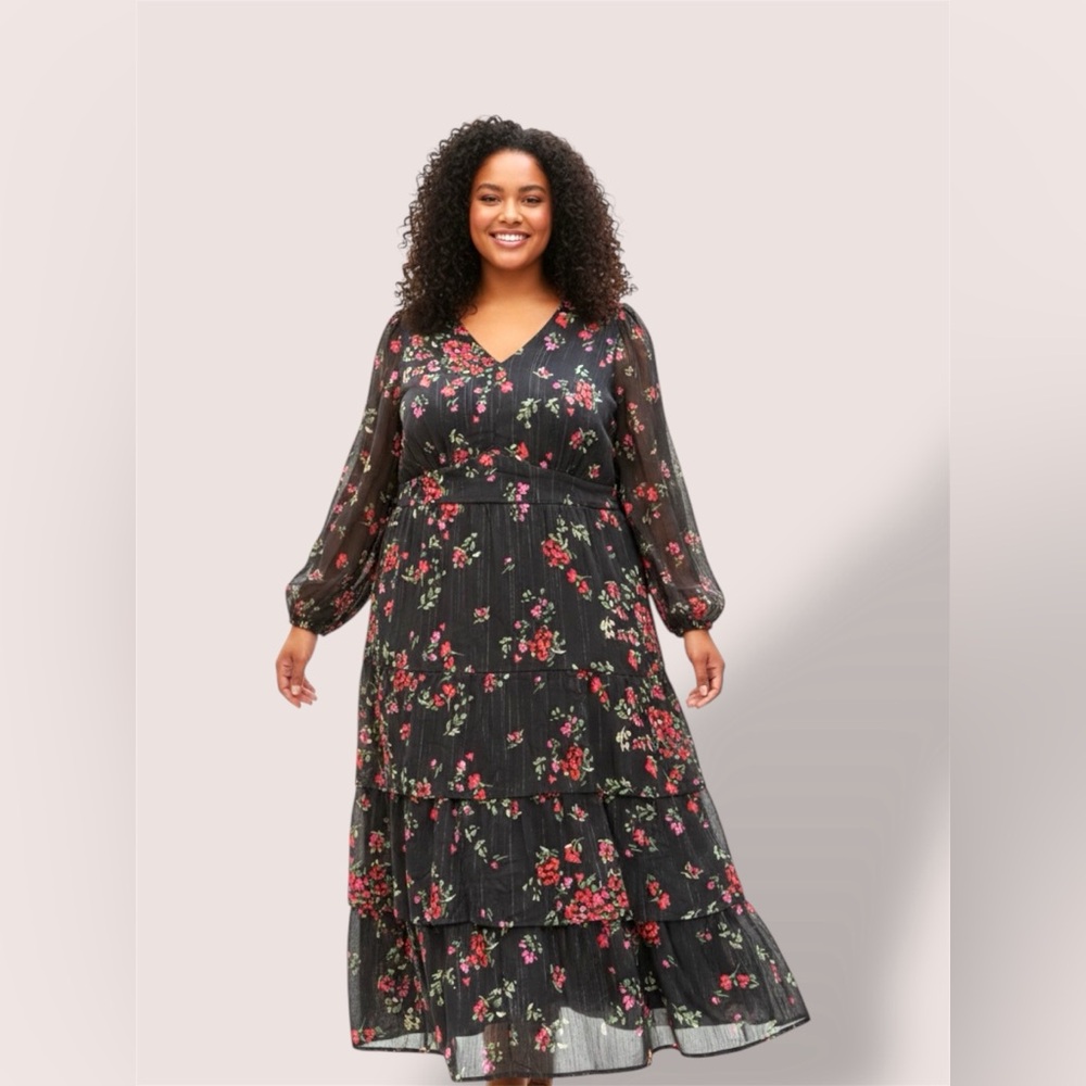 Time and Tru Black Floral Long Sleeve Dress